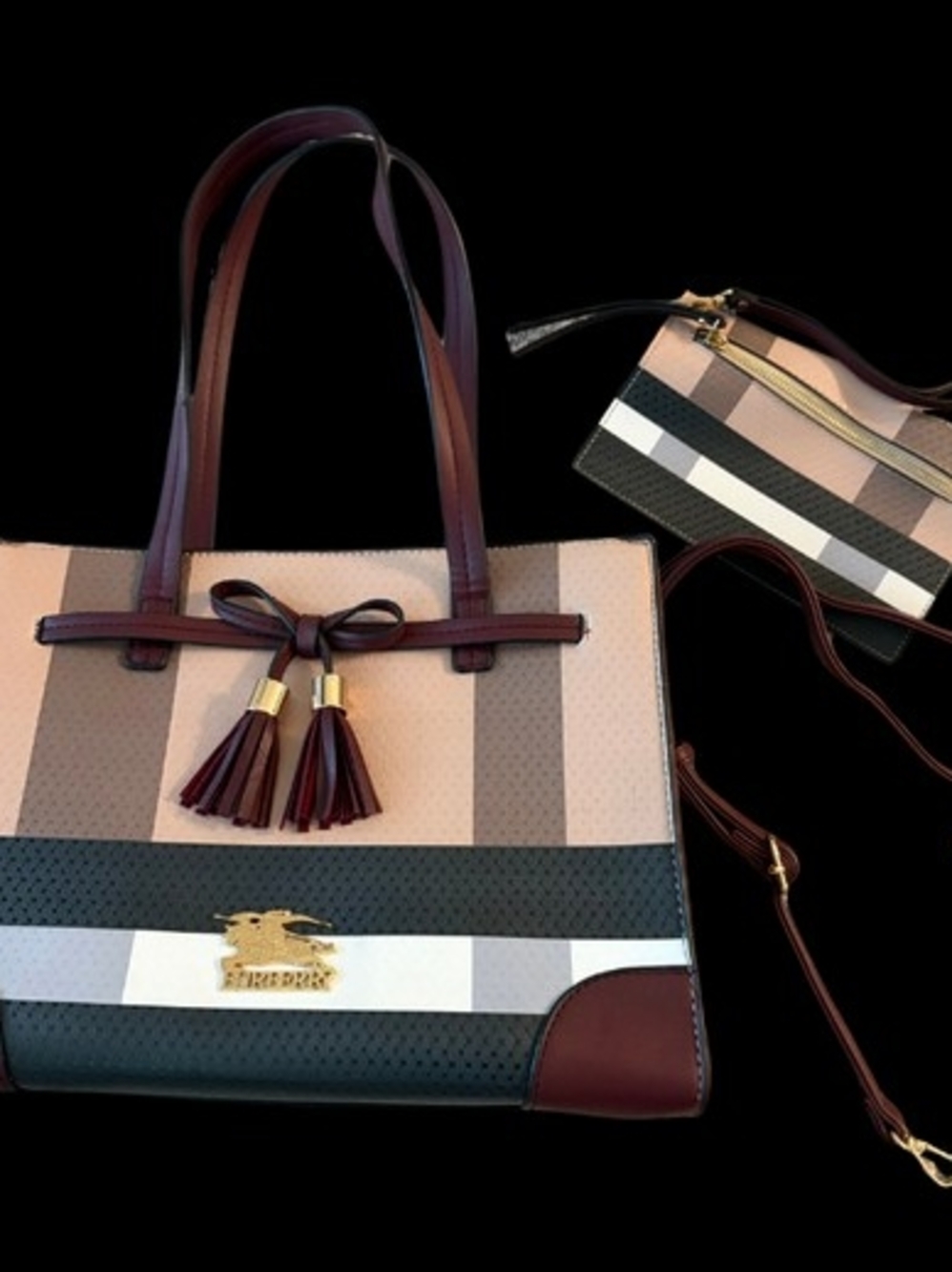 Burgundy and Beige Striped Tote with Tassel Accent